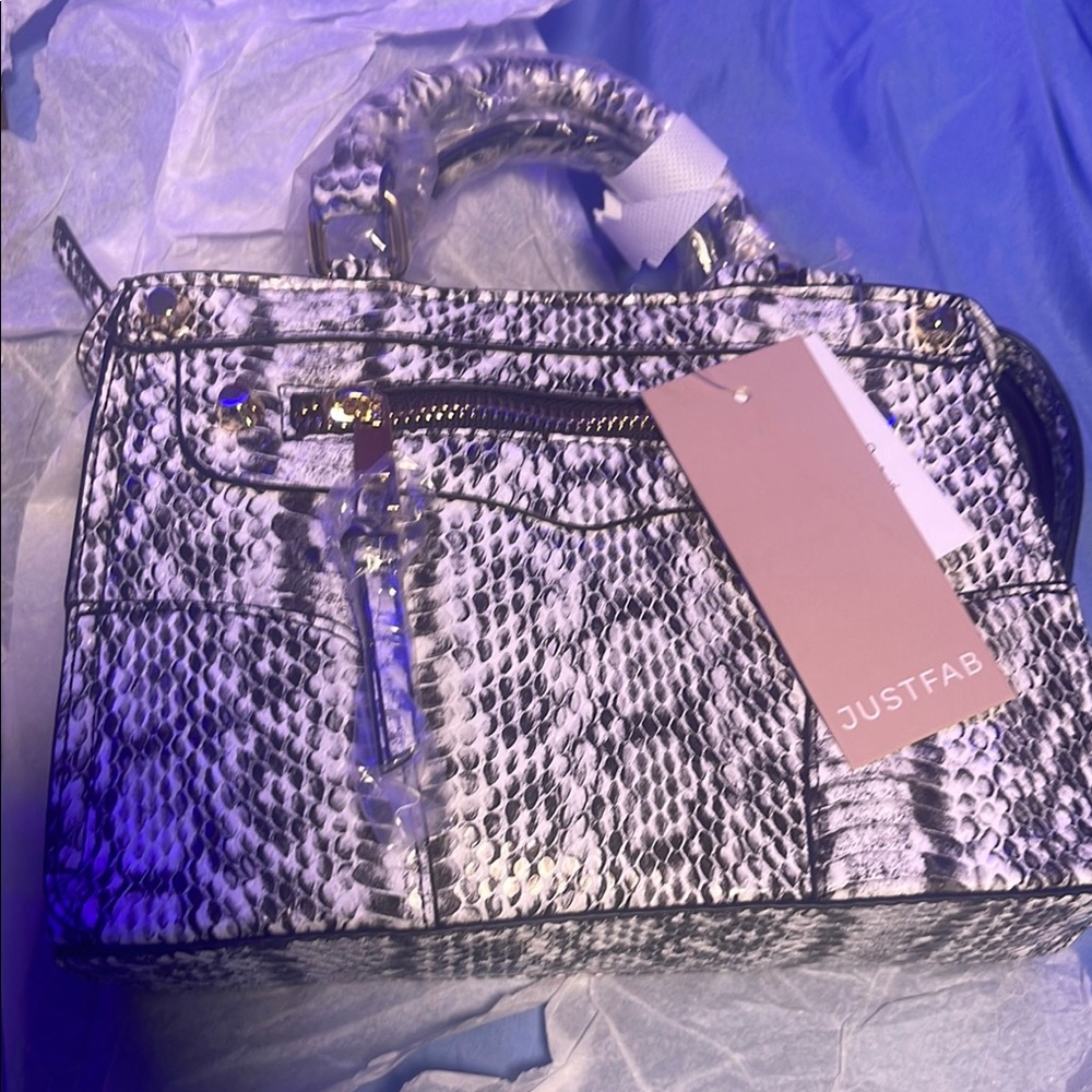 JustFab Black and White Satchel with Snake Print
